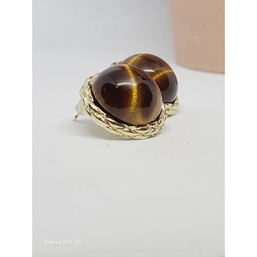 Vintage Style Gold Tone Tiger Eye Stud Earrings Round Braided Bezel Brown‎